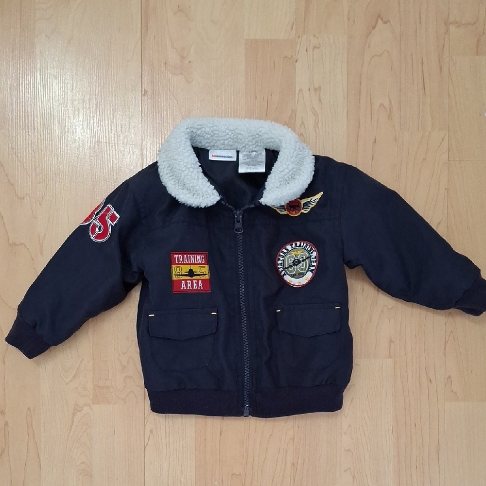 Toddler Navy Blue Bomber Pilot Aviation Jacket with Patches Sherpa Collar 18m
